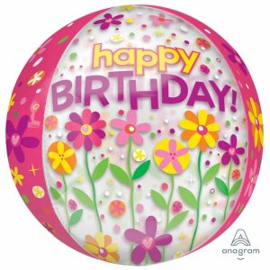 Bubble Balloons & Orbs |   Orbz Xl Happy Birthday Garden Patch Clear G20 Balloons Bubble Balloons & Orbs