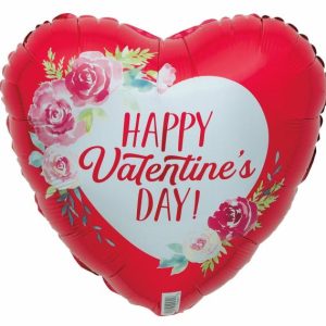 Foil Balloons |   Floral Happy Valentine’s Day 45Cm (18") Heart With Ribbon – Non Inflated Balloons Foil Balloons