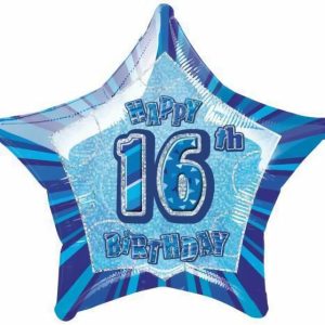 Foil Balloons |   Glitz Blue 16Th Birthday Star 50Cm (20") Foil Balloon – Non Inflated Balloons Foil Balloons