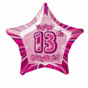 Foil Balloons |   Glitz Pink 13Th Birithday Star 50Cm (20") Foil Balloon Packaged – Non Inflated Balloons Foil Balloons