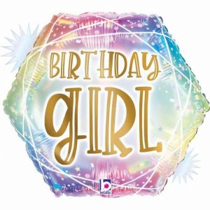 Foil Balloons |   Opal Pastel Geo Birthday Girl Holographic 18’Inch Hexagon P1 Balloons Foil Balloons