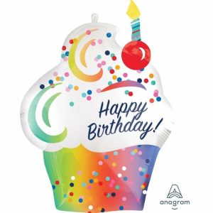 Foil Balloons |   Supershape Rainbow Ombre Cupcake Happy Birthday P35 Balloons Foil Balloons