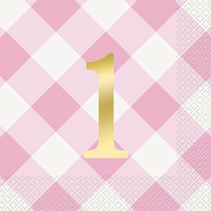 Napkins |   Gingham 1St Birthday Pink 16 Foil Stamped Luncheon Napkins 2Ply 33Cm X 33Cm (13" X 13") Napkins Napkins