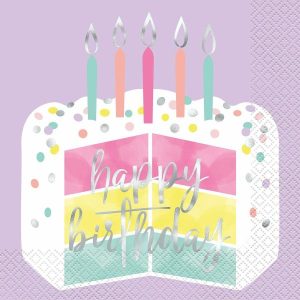 Napkins |   Pastel Cake "Happy Birthday" 16 Foil Stamped Luncheon Napkins 2Ply 33Cm X 33Cm (13" X 13") Napkins Napkins