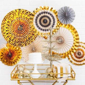 Party Favours |   4 Gold Paper Fan Set Decorations Decorations