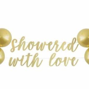 Party Favours |   Showered With Love Foil Script Banner 3.04M (10′) With 6 X 22.8Cm (9") Latex Balloons Party Favours Party Favours