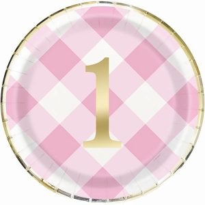 Plates, Bowls & Trays |   Gingham 1St Birthday Pink 8 X 23Cm (9") Foil Stamped Paper Plates Party Supplies Plates, Bowls & Trays