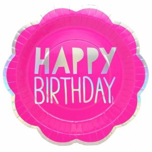 Plates, Bowls & Trays |   Happy Birthday 10 X 20Cm (8") Neon Pink Foil Stamped Paper Plates Party Supplies Plates, Bowls & Trays