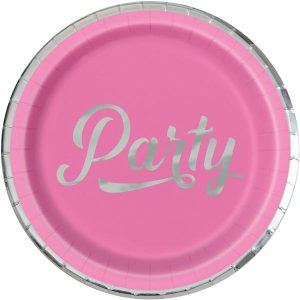 Plates, Bowls & Trays |   Pink "Party" Silver & Bright 8 X 23Cm (9") Foil Stamped Paper Plates Party Supplies Plates, Bowls & Trays