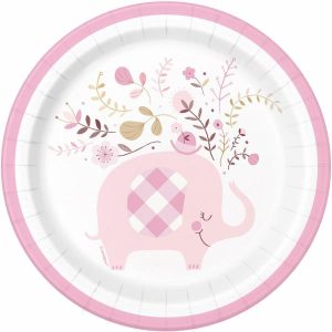 Plates, Bowls & Trays |   Floral Elephant Baby Shower Pink 8 X 18Cm (7”) Paper Plates Party Supplies Plates, Bowls & Trays