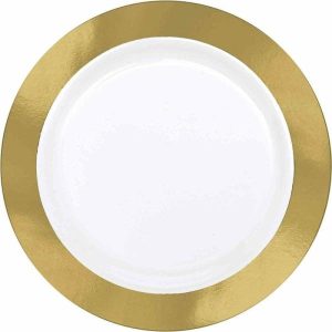 Plates, Bowls & Trays |   Pk 10 Premium Reusable Plastic Plates 19Cm White With Gold Border Party Supplies Plates, Bowls & Trays