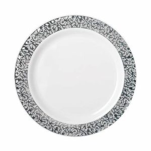 Plates, Bowls & Trays |   Pk 4 Heavy Duty 26Cm Dinner Plate With Lace Silver Design Party Supplies Plates, Bowls & Trays