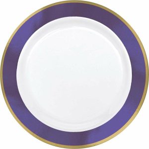 Plates, Bowls & Trays |   Premium Plastic Plates 19Cm White With New Purple Border Party Supplies Plates, Bowls & Trays