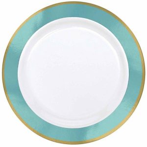 Plates, Bowls & Trays |   Premium Plastic Plates 25Cm White With Robin’s Egg Blue Border Party Supplies Plates, Bowls & Trays