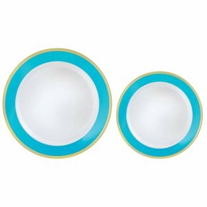 Plates, Bowls & Trays |   Reusablepremium Plastic Plates Hot Stamped With Caribbean Blue Border Pk 20 Party Supplies Plates, Bowls & Trays