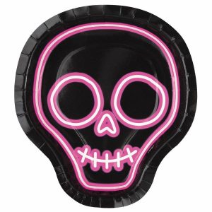 Plates, Bowls & Trays |   Neon Lights Halloween 8 X 21.5Cm (8.5") Skull Shaped Paper Plates Party Supplies Plates, Bowls & Trays