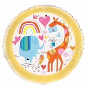 Foil Balloons |   Zoo Theme Yellow Rim And White Elephant And Giraffe 45.7Cm (18") Foil Balloon – Non Inflated Balloons Foil Balloons